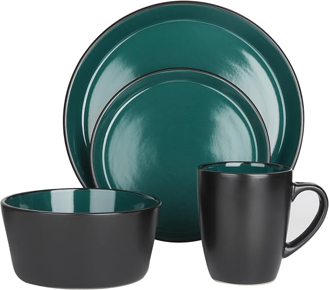 Plates and Bowls Sets, 16 Pieces Dinnerware Sets, Dishes Set for 4, Christmas, Kitchen Set is Home Essentials, Dark Green & Black