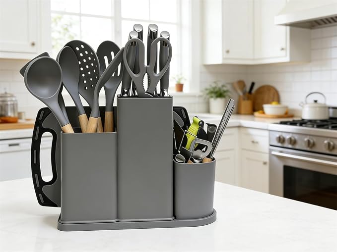Kitchen Utensils and Knives Set, 20PCS Knife and Cooking Spoon Tools Set with Storage Holder, Sharp Stainless Steel Knife Sets with Bread, Chef Knife Cutting Board (Grey)