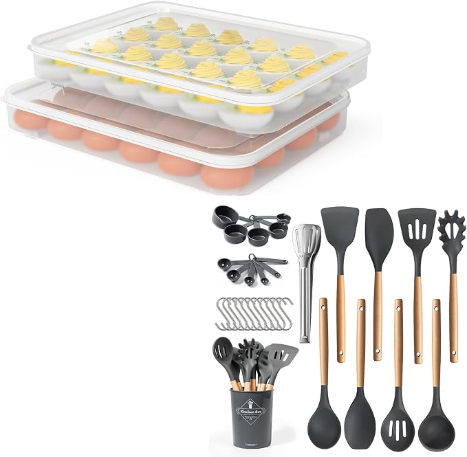 77L Deviled Egg Containers with Lid and Silicone Cooking Utensils Set with Holder 32 PCS