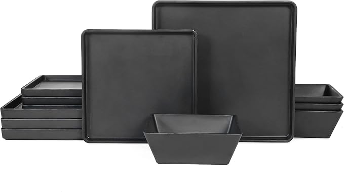 Melamine Dinnerware Sets - 12pcs Square Plates and Bowls Set, Dishes Set, Black
