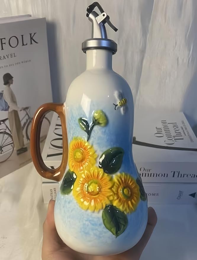 18.26oz/540ml Decorative Olive Oil Dispenser Bottle for Kitchen,Hand Painted Relief Ceramic Olive Oil Bottle,Ceramic Oil Container (B-Sunflower)