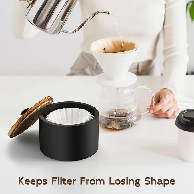 Coffee Filter Holder, Wood Filter Storage Container for Counter&Recipe Box, Wood Recipe Card Box Set, Recipe Box with 100 Cards and 6 Dividers