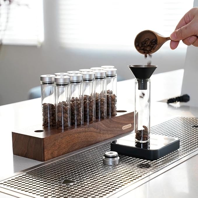 watchget 12-Piece Single Dose Coffee Bean Storage Tubes Coffee Storage Container with One-Way Exhaust Valve, Glass Vials with Walnut Wood Base And Funnel