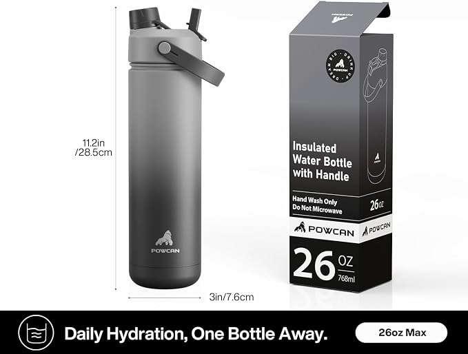 POWCAN 26 oz Insulated Water Bottle with 2-in-1 Straw and Spout Lid, Keep Cold 24H, Leak-Proof, Fits in Car Cup Holder, Stainless Steel Water Bottle for Sports, Travel, Gym, and School (Obsidian)