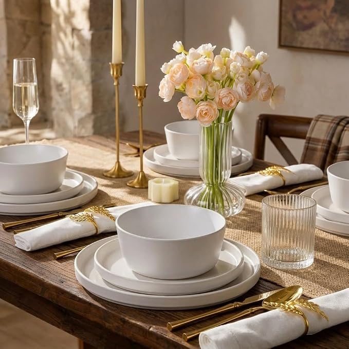 AmorArc Ceramic Dinnerware Sets for 4, Modern Flat Stoneware Plates and Bowls Sets,Chip and Crack Resistant | Dishwasher & Microwave Safe Dishes Set,Scratch Resistant- Service for 4 (12pc)-Matte White