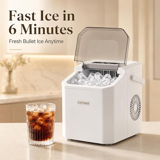 Countertop Ice Maker, Portable Ice Maker Machine, 6-Minute Fast Bullet Ice Maker with Self-Cleaning, Compact Ice Machine with Handle, Basket & Scoop for Kitchen, Home, Office, RV Camping,White