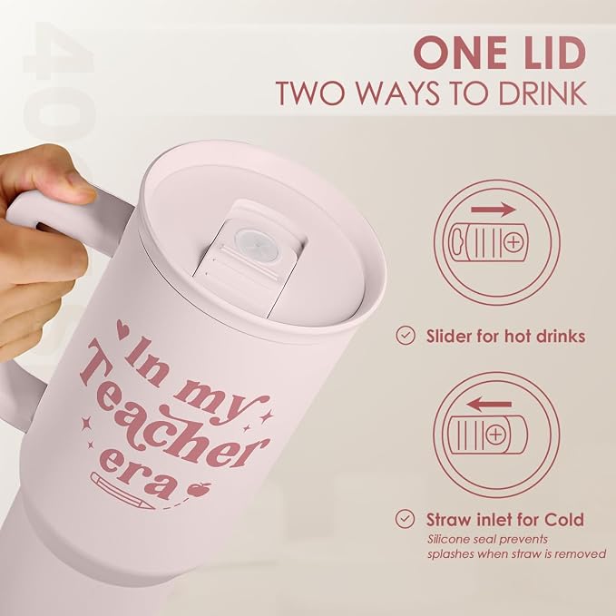 SANDJEST Teacher Gift – Stainless Steel Insulated Tumbler with Handle - Cool Teacher Club Travel Coffee Mug Cup for Women Back to School Birthday Christmas Teacher's Appreciation, 40oz
