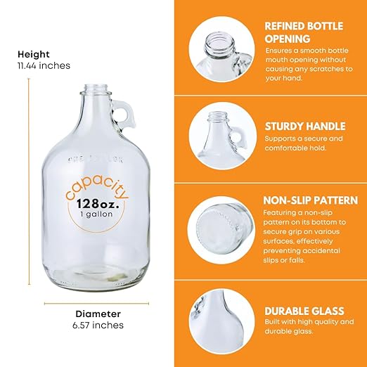 FastRack Glass Water Bottle Includes 38 mm Metal Screw Cap, 1 gallon Capacity, Clear (MN-TF9E-S1RA)