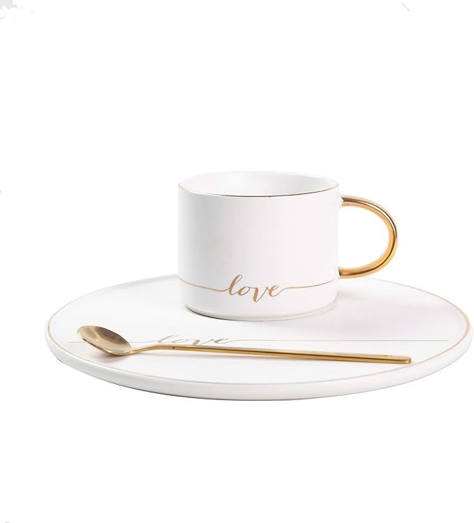 TJ Gobal Porcelain Coffee Mug, Tea Cup with Saucer and Golden Spoon with Gold Scripted Love and Trim for Hot Chocolate, Cappuccino, and Latte, 8 Oz. (White)
