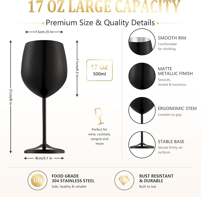 UNISWEET Stainless Steel Wine Glasses Set of 4 Unbreakable Wine Glass 18 oz Unique Metal Wine Goblets for Outdoor, Travel, Camping, Pool, Ideal Gift for Wine Lovers (Matte-Black)