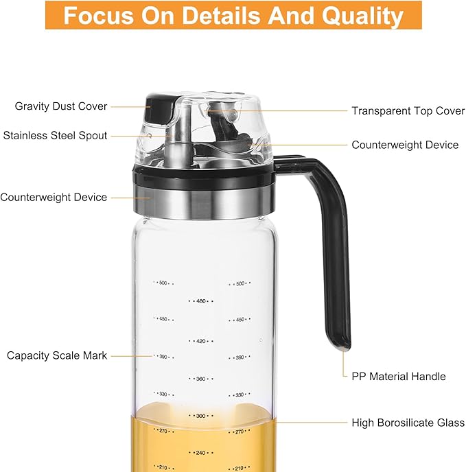 uxcell 2Pcs Oil and Vinegar Dispenser Set, 18.6oz/550ml Glass Oil Bottle with No Drip Spout, Glass Oil Dispenser with Scale for Kitchen Cooking