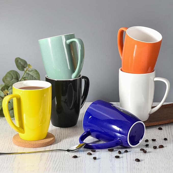 homEdge Porcelain Mug Set, 16 Ounces Cup for Tea, Latte, Mocha, Hot Chocolate, Set of 6, Assorted Color