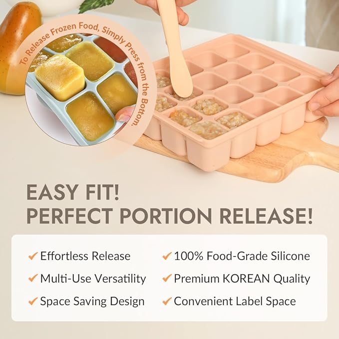 Silicone Freezer Tray, Baby Food Storage Cubes with Clip-On Lid, Freeze Baby Food, Soups, Purees, Ice, Easy and Safe Design, Made in Korea (12, Celadon Green)