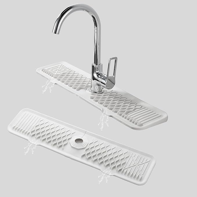 Kitchen Sink Splash Guard,24inch Silicone Draining Mat White Cream Longer Silicone Faucet Handle Drip Catcher Tray Kitchen Sink Splatter Screen for Kitchen