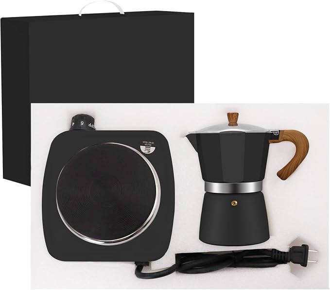 2-in-1 Aluminum Moka Pot Set with Electric Stove Classic Stovetop Espresso Coffee Maker 150ml 5oz Mocha Express Portable Gift Camping Travel Preferred Cafe Italian Cuban Café Brewing 3 Cup