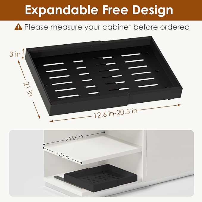 2 Pack Expandable Pull Out Cabinet Organizer 21" Deep, Adjustable Width 12.6"-20.5", No Drill Adhesive with Triple Track Rails, Heavy Duty Slide Out Drawers for Kitchen, Pantry, Cabinets,Black