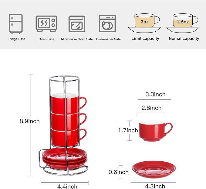 2.5oz Espresso Cups Set of 4, Small Stackable Coffee Cups with Saucers and Metal Stand, Ceramic Demitasse Cups, Cappuccino Cups for Coffee Drinks, Latte, Red