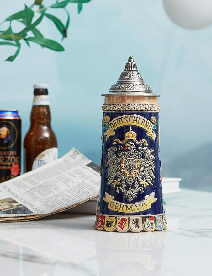 HAUCOZE Beer Stein Mug German Coats of Arms Drinking Viking Tankard with Pewter Lid Birthday Gifts for Men Father Husband 0.6 Liter