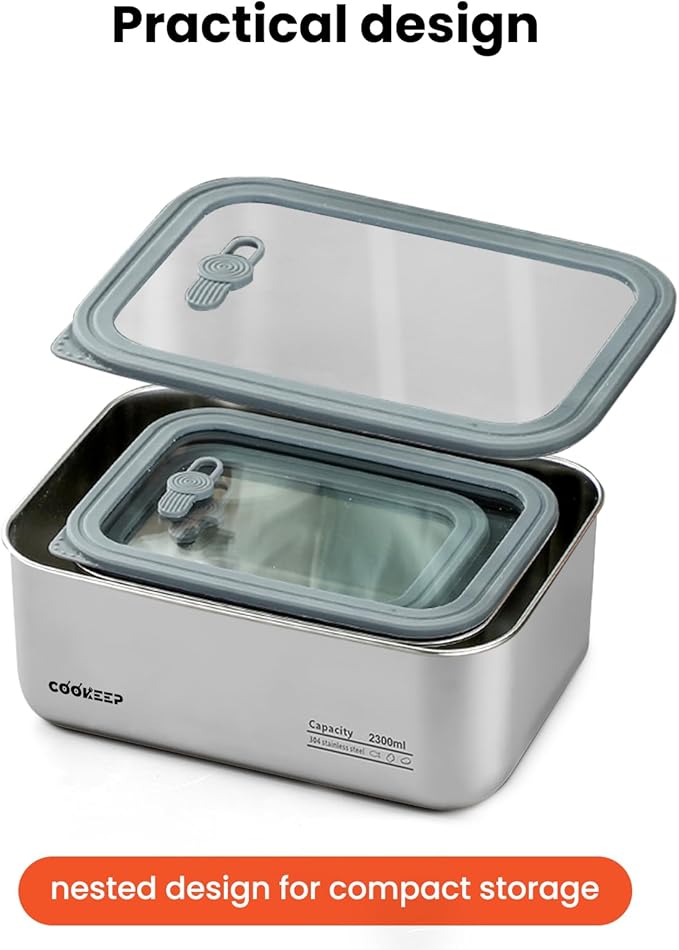 3Pcs Stainless Steel Food Containers,Stainless Steel Containers with Lids,Snack Containers,Lunch Box,Easy Clean,Airtight&Leakproof for Kitchen Storage,Dishwasher Safe,BPA-Free (22oz+44oz+77oz)