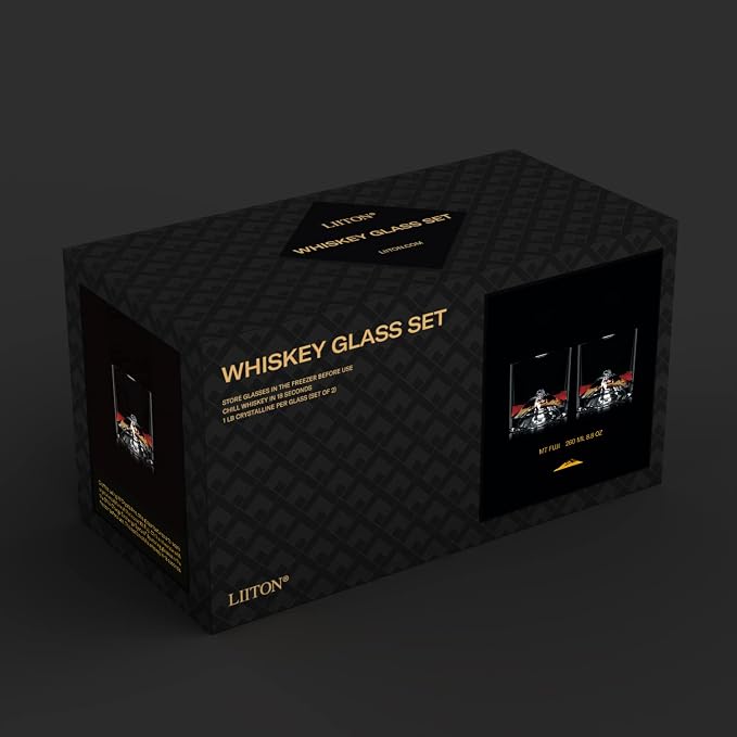 LIITON Mount Fuji Heavy Crystal Whiskey Glasses Gift Set of 2, Thick Freezable Bourbon Glass 1lb Each, Premium Whiskey Gifts for Men, Frozen Crystal Chills Cocktails, 10 oz
