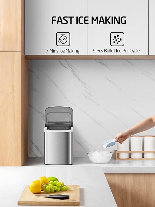 Ice Maker Machine for Countertop, 9 Ice Cubes Ready in 6 Minutes, 26lbs in 24Hrs Portable Ice Maker Machine Self-Cleaning, 2 Sizes of Bullet-Shaped Ice for Home Kitchen Office Bar Party