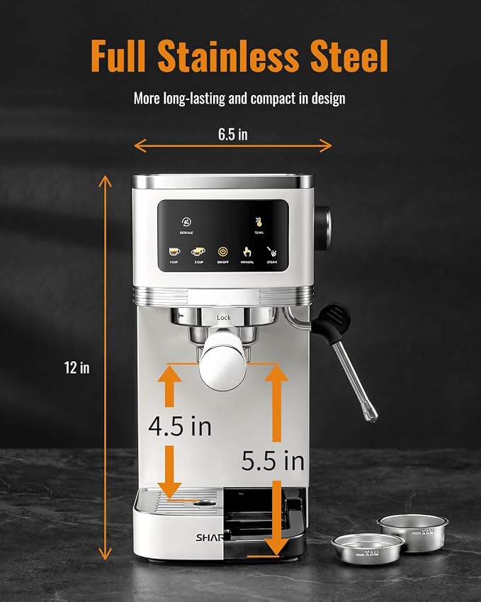SHARDOR Espresso Machine 20 Bar, Professional Espresso Machine with Milk Frother and Touchscreen, Expresso Coffee Machines with Adjustable Temperature,for Cappuccino, Latte, Stainless Steel, White