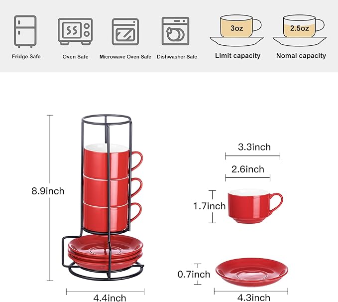 YOLIFE 2.5oz Espresso Cups Set of 4, Porcelain Stackable Espresso Cups, Expresso Shots Cup Set with Saucers and Metal Stand-Red