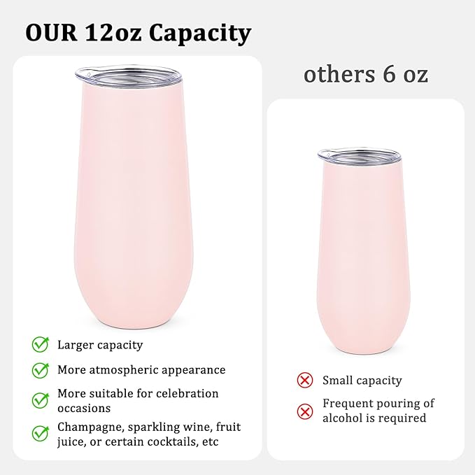 Lifecapido 6 Pack Insulated Stainless Steel Tumblers, 12oz Stemless Flutes, Insulated Champagne Glass for Wedding Party Bride Shower Gifts, 5 Pink 1 White