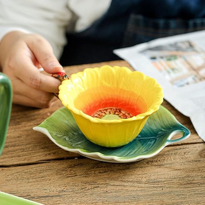 Sunflower Tea Cup and Saucer Set 6 Oz, Enamel Flower Porcelain Coffee Cup Saucer Set with Spoon for Women, Hand Crafted Tea Set (Sunflower)