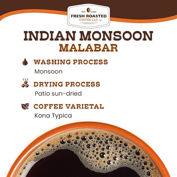 Fresh Roasted Coffee, Indian Monsoon Malabar Whole Bean Coffee, Light Roast, Kosher, 5 lb (80 oz)