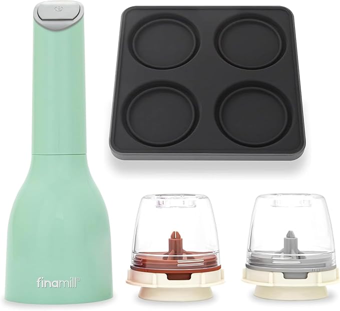 FinaMill Classic Battery Spice Mill Bundle with Slate Quartet Stackable Tray – One-Handed Grinder with Interchangeable Pods & Space-Saving Spice Organizer - Valentines Day Gifts for Food Lovers