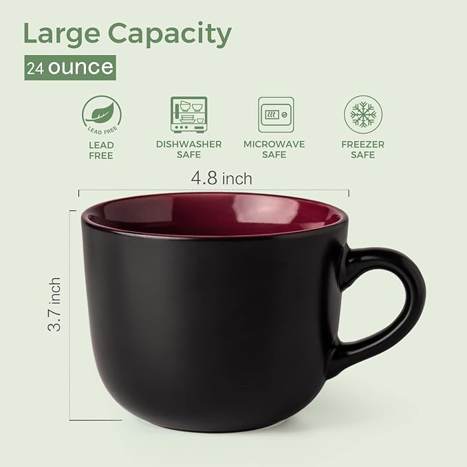 AmorArc 24 oz Soup Mugs with Handles, Jumbo Ceramic Bowls Mugs Set with handles for Coffee Cereal Cappuccino Snacks, Microwave&Dishwasher safe Soup Cups for Meal-Burgundy