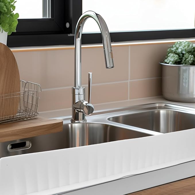 Silicone Sink Splash Guard for Kitchen Edge, 20 Inch Long Water Barrier with Strong Suction Cups, White Dish Washing Baffle for Countertop, Wet Clothes Protector for Island & Bathroom, Reusa