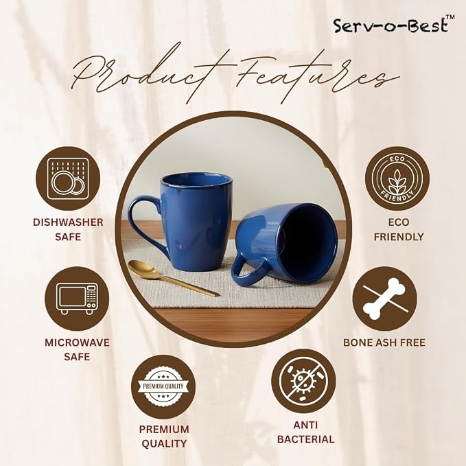 Servo Best Blue Coffee Mugs 12 oz, Set of 6 Blue Radiant Ceramic Mugs - Lead & Toxic Free, Dishwasher & Microwave Safe, Perfect for Home & Office Use