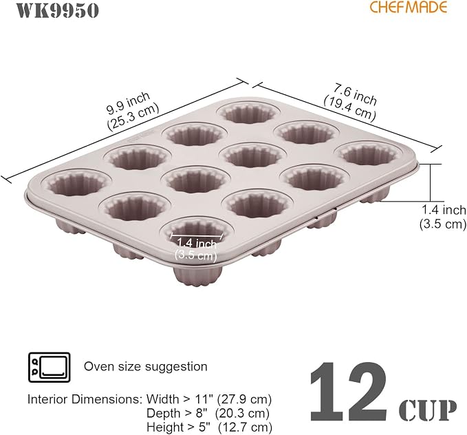 CHEFMADE Mini Canele Mold Cake Pan, 12-Cavity Non-Stick Mini Canele Muffin Bakeware Cupcake Pan for Oven Baking (Champagne Gold)