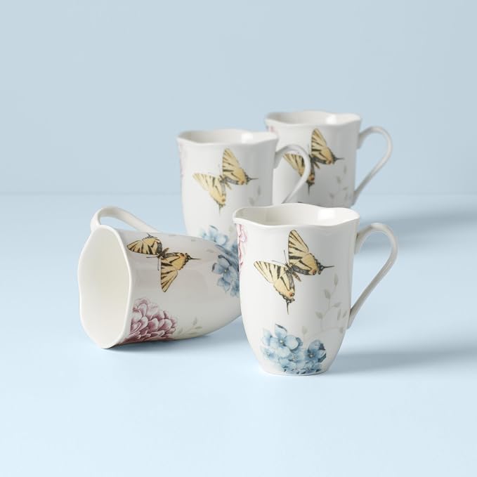 Lenox Butterfly Meadow Hydrangea 4-Piece Porcelain Mug Set, 4 Count (Pack of 1), Multi