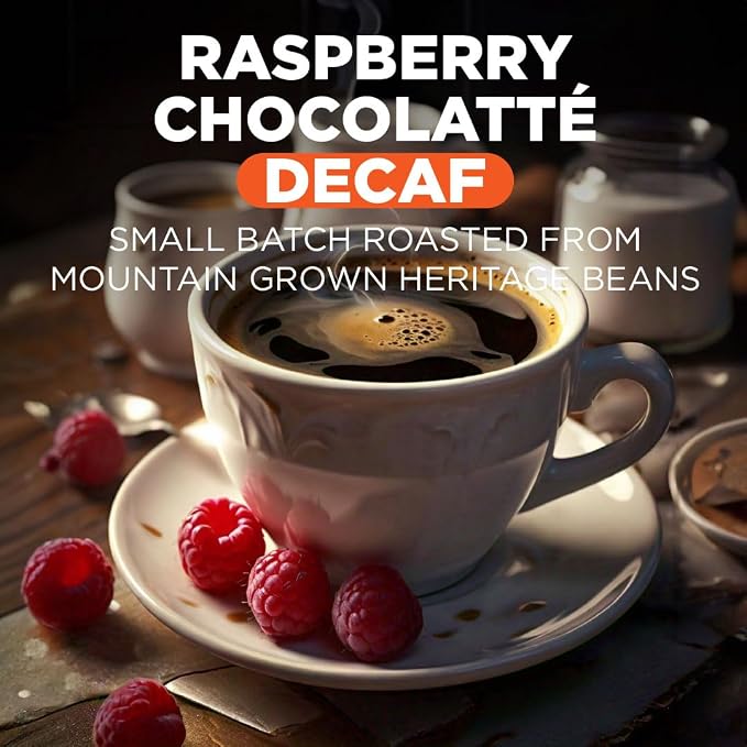 Maud's Decaf Raspberry Chocolate Flavored Coffee Pods, 18 ct, Decaffeinated Medium Roast Flavored Coffee in Single Serve Pods – 100% Arabica Beans, Compatible with Keurig K Cups Maker