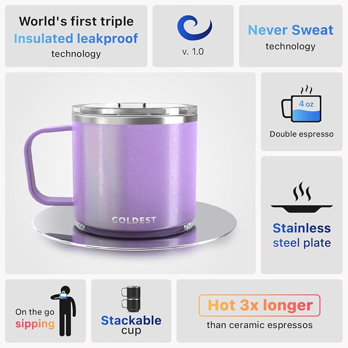Stackable Insulated Espresso Cup with Saucer by Coldest - Insulated Triple Wall Travel Stainless Steel Travel Double Shot Espresso Coffee Mug with Sliding Lid (4 oz, Saturn's Moon Purple)