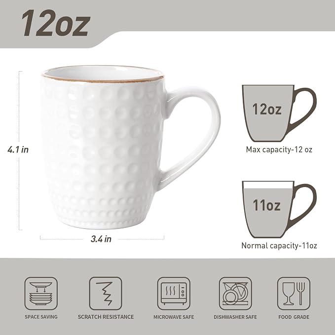 famiware Coffee Mugs Sets for 4, 12 oz Mug Set, Coffee Cups with Handle for Coffee, Tea, Cocoa and Milk, Microwave and Dishwasher Safe, White Circle