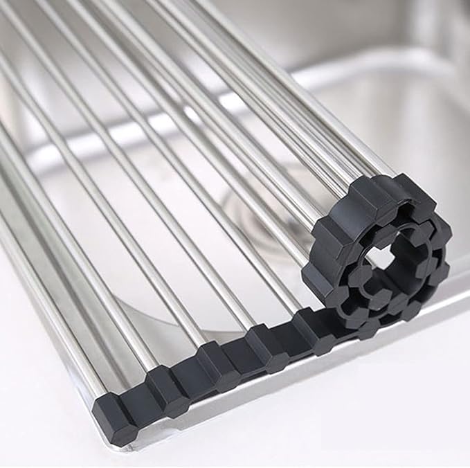 Sink Drainer Rack, Over Sink Roll Up Dish Drying Rack, Stainless Steel Fruit Vegetable Drainer for Kitchen Counter, Collapsible & Space-Saving, Fits Most Sinks(23 * 37cm)