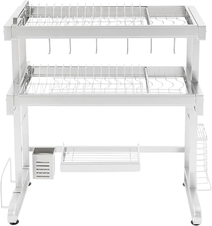 Over The Sink Dish Drying Rack, 3-Tier Drying Drainer Rack Over Sink Stainless Steel Adjustable 45.27'', Large Dish Drainer Drying Rack with Multiple Baskets Utensil Sponge Holder Sink Caddy