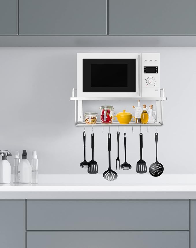 QWORK Microwave Oven Rack Shelf, Wall Mount Electric Oven Holders, Aluminum Double-Layer Microwave & Spice Rack, 2 Shelves with 10 Hooks, Support Load 88lbs, 21.65"x15"x9.84"
