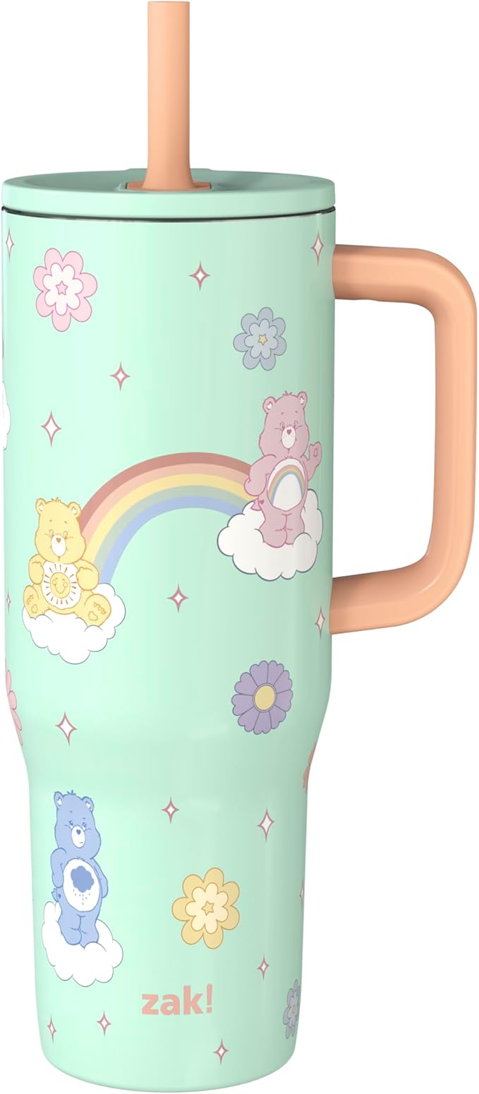 Zak Designs Care Bears Sutton Travel Tumbler for On the Go, 30oz Stainless Steel with Vacuum Insulation, Silicone Straw, and Carry Handle for Cold Drinks (Care Bears)