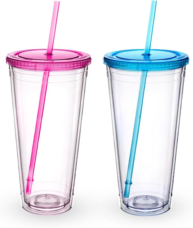 Zukro Clear Tumbler with Lid and Straw 32 oz, Wide Mouth Double Walled Insulated Reusable Acrylic Plastic Iced Coffee To Go Cup for Loaded Tea, Water, Lemonade, Fit in Cupholder, BPA Free, 2 Pack