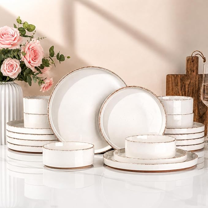 AmorArc Ceramic Dinnerware Sets for 6, 18 Pieces Handpainted Plates and Bowls Set with Rustic Terracotta Underside, Scratch Resistant Stoneware Dishes Set, Dishwasher & Microwave Safe