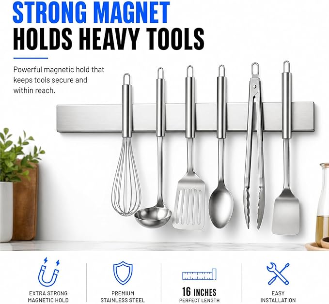 Modern Innovations 16 Inch Stainless Steel Magnetic Knife Bar with Multi-Purpose Functionality as a Knife Holder, Knife Strip, Magnetic Tool Organizer, Art Supply Organizer & Home Organizer