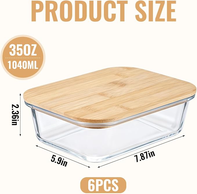 6 Pack Glass Food Storage Containers with Bamboo Lids, Stackable Meal Prep Containers, Clear Airtight Glass Bowls for Microwave, Oven, Freezer & Dishwasher Safe