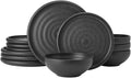 Mikasa Declan 12 Piece Stoneware Dinnerware Set, Service for 4, Modern Black Plate and Bowl Dishes with High Rims, Black