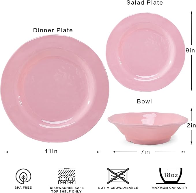 LEHAHA Pink Dishes Melamine Dinnerware Sets, 12 Piece Kitchen Plates and Bowls Dinnerware Sets, Lightweight, BPA free Melamine Dishes for Girls, Valentine's Day, Mother's Day.