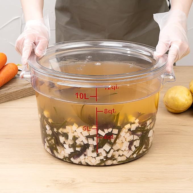 Restaurantware Met Lux 12 Quart Food Storage Containers 10 Round Commercial Storage Containers - Lids Sold Separately With Volume Markers Clear Plastic Food Prep Buckets Space-Saving Storage